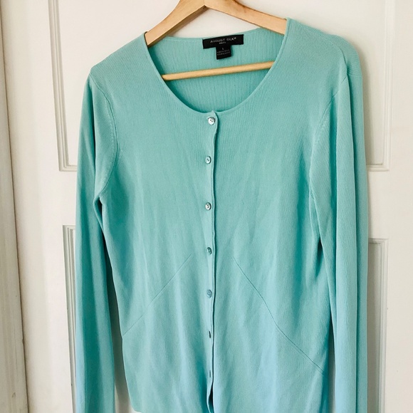 August Silk Rayon Blend Micro Rib Cardigan Women’s L Light Blue Feminine Preppy - Picture 3 of 13